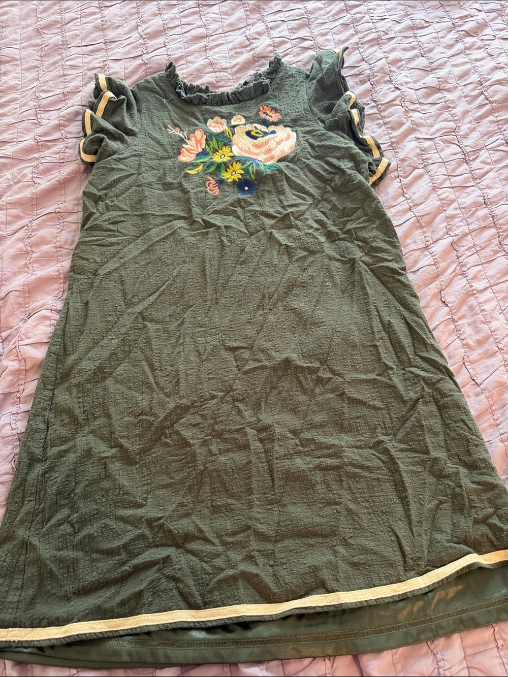 THML Olive Green Embroidered Floral Ruffle Sleeve Dress